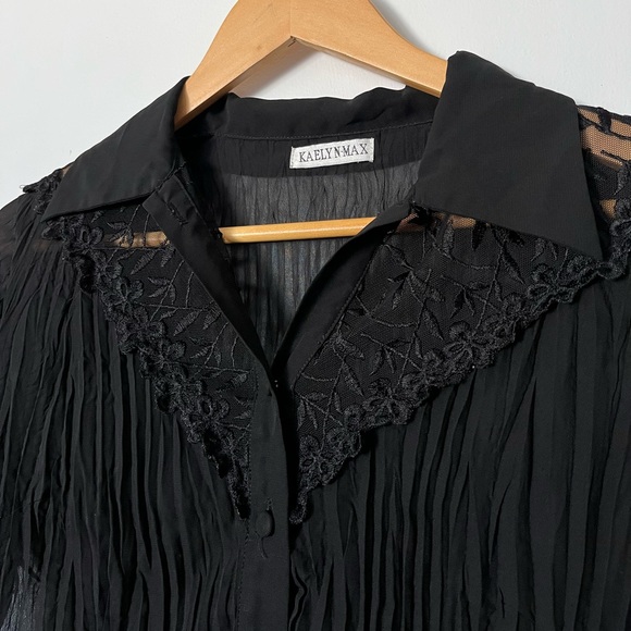 Black lace long sleeve blouse with button up front and bell sleeves with floral - Picture 3 of 8